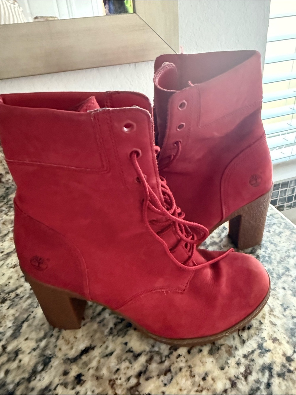 Timberland Red Suede Lace-Up Women’s Heeled Ankle Boots